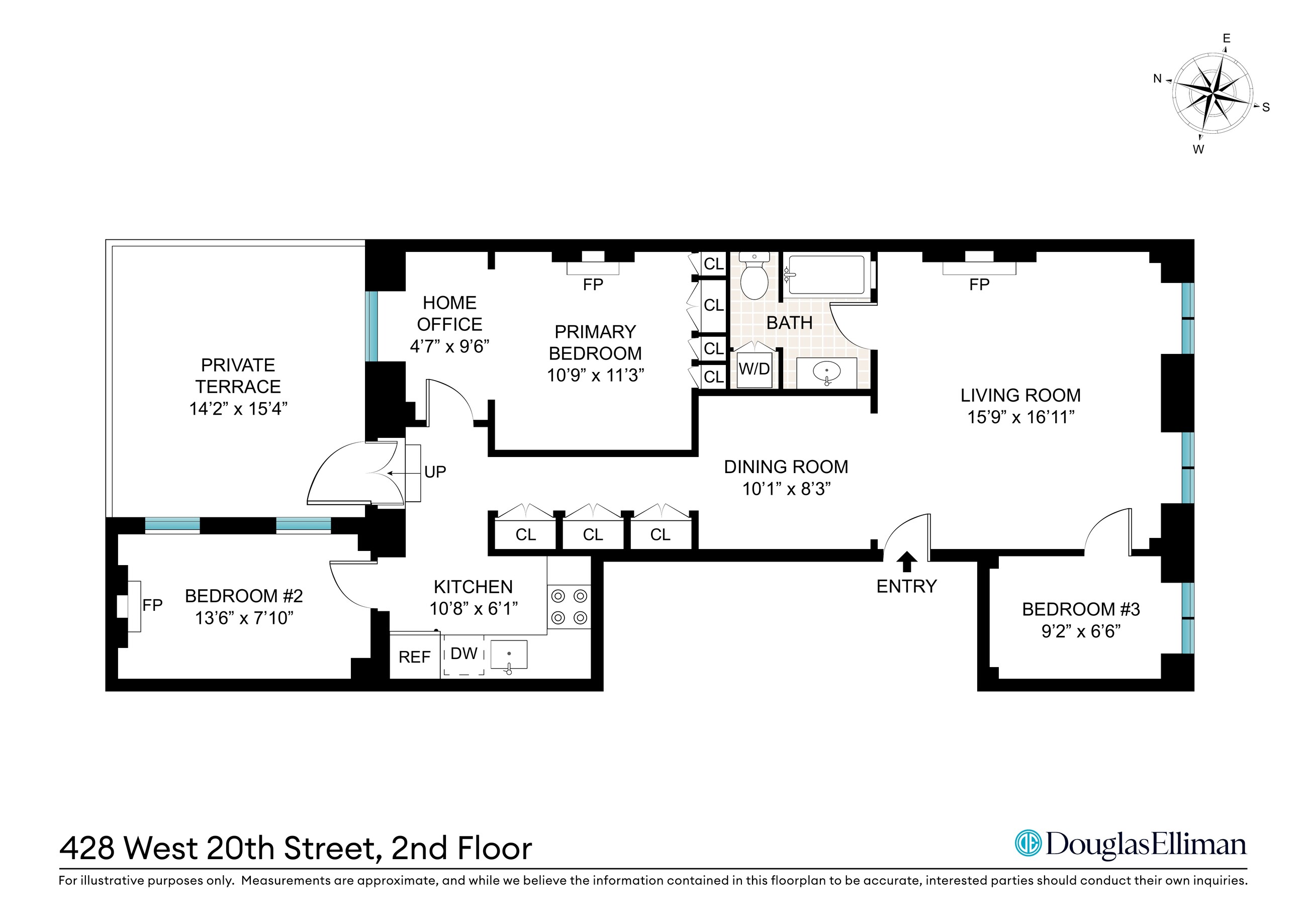 Floor plan of 428 West 20th Street, 2nd floor: three bedrooms, a home office, living and dining rooms, kitchen, bath, and a private terrace
